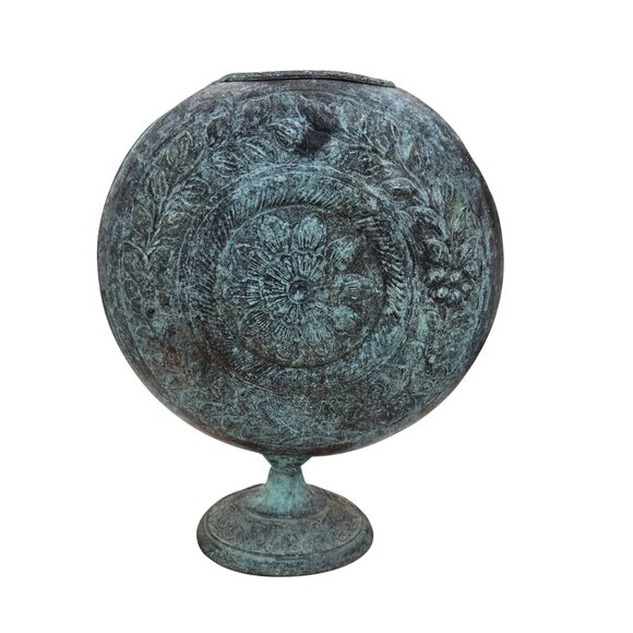 Antique Decorative Round Embossed Metal Vase With Floral Green Patina JE108 - Picture 1 of 5